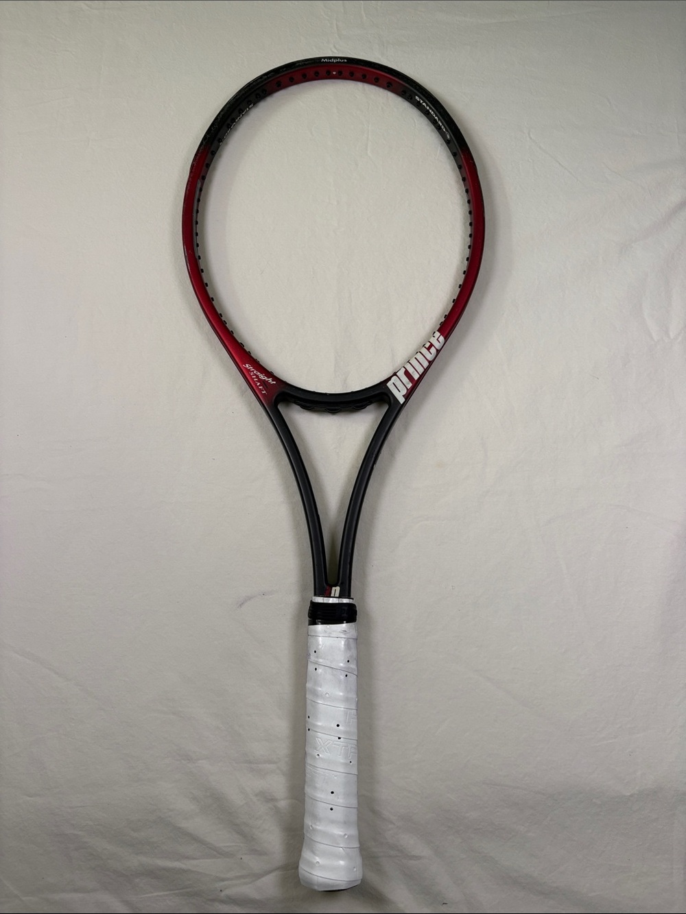Vintage Prince Red and Black Tennis Racket with White Grip